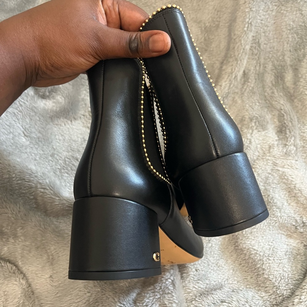 Coach TORRI BOOTIES Black Ankle Boots with Gold Trim - Picture 3 of 7
